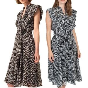 Club Monaco Black White Saffra Polka Dot Ruffle Sleeveless Belted Midi Dress
